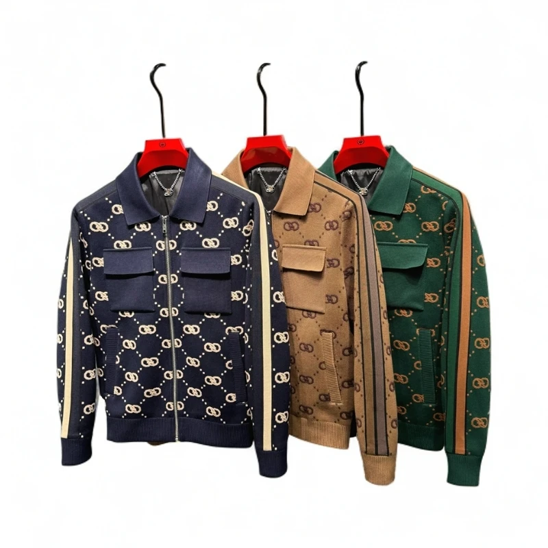 是里卡琪秋新款欧货潮牌提花针织夹克男士翻领休闲百搭高端外套