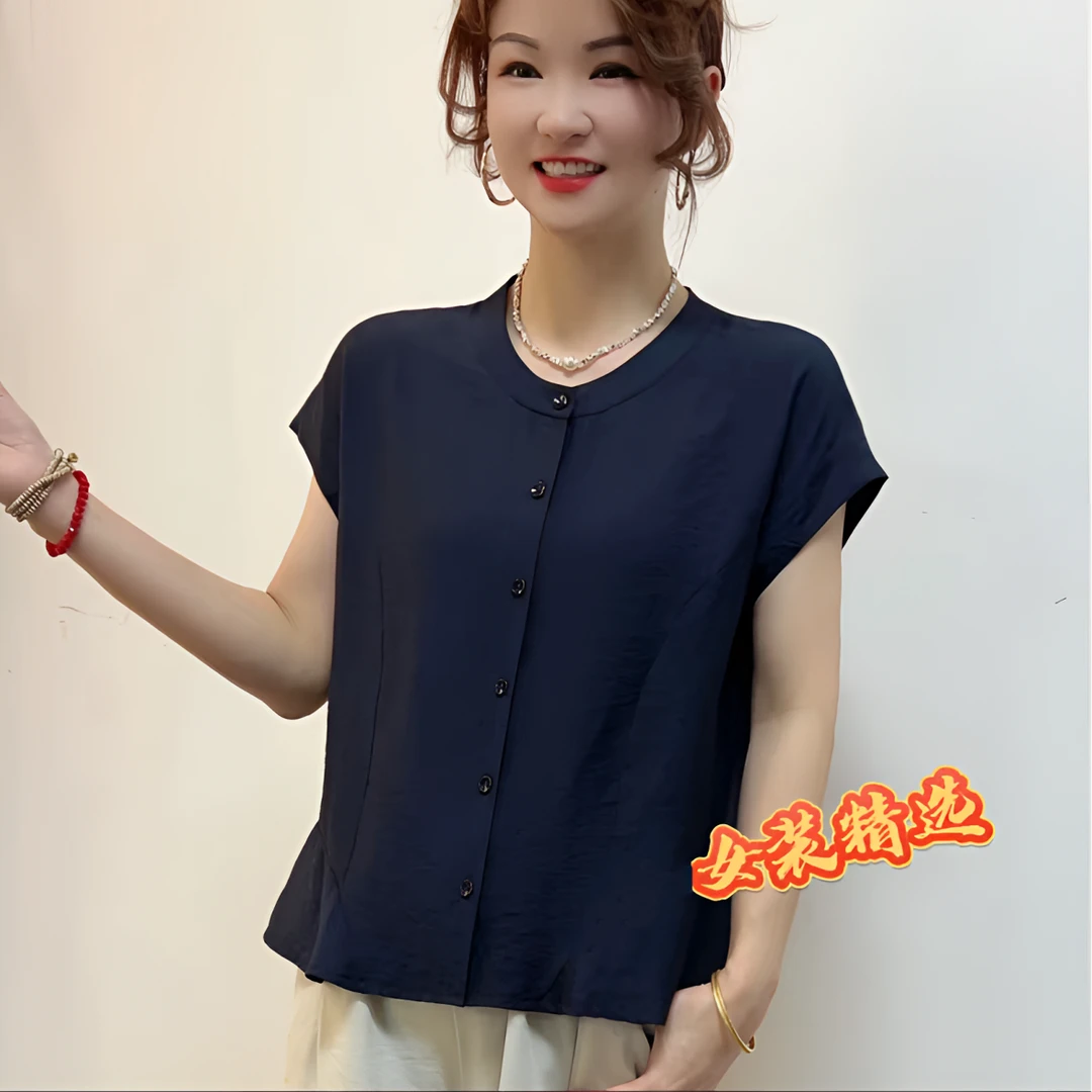 夏季新款圆领纯色休闲T恤衬衫显瘦减龄百搭复古气质女士薄款上衣