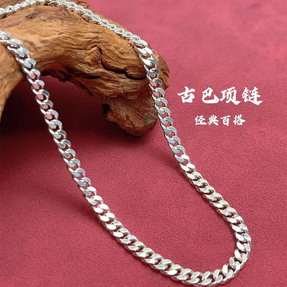 链子925银 落霞银铺S925纯银古巴项链经典款马鞭链时尚百搭锁骨链