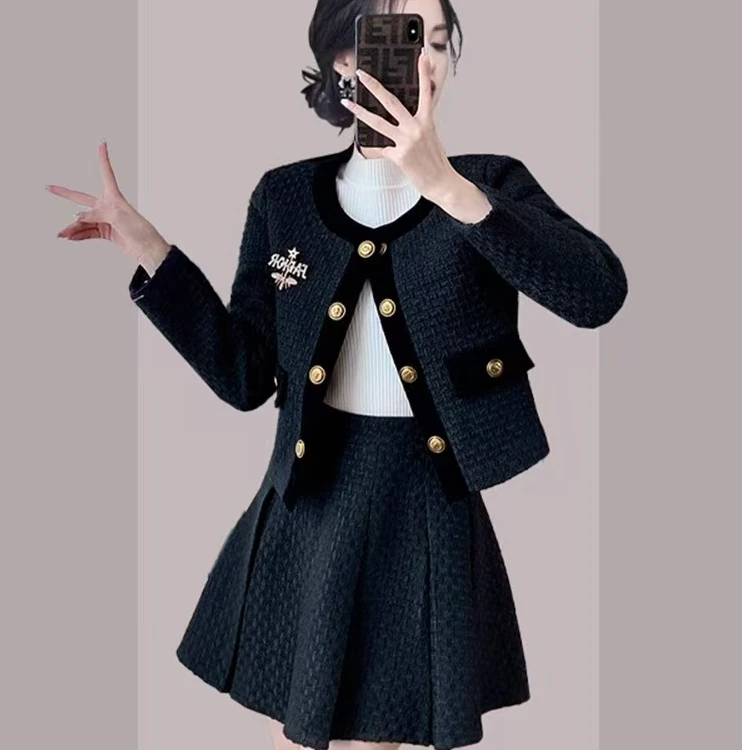 018春冬小香风时髦显瘦粗花呢百褶连衣裙两件套