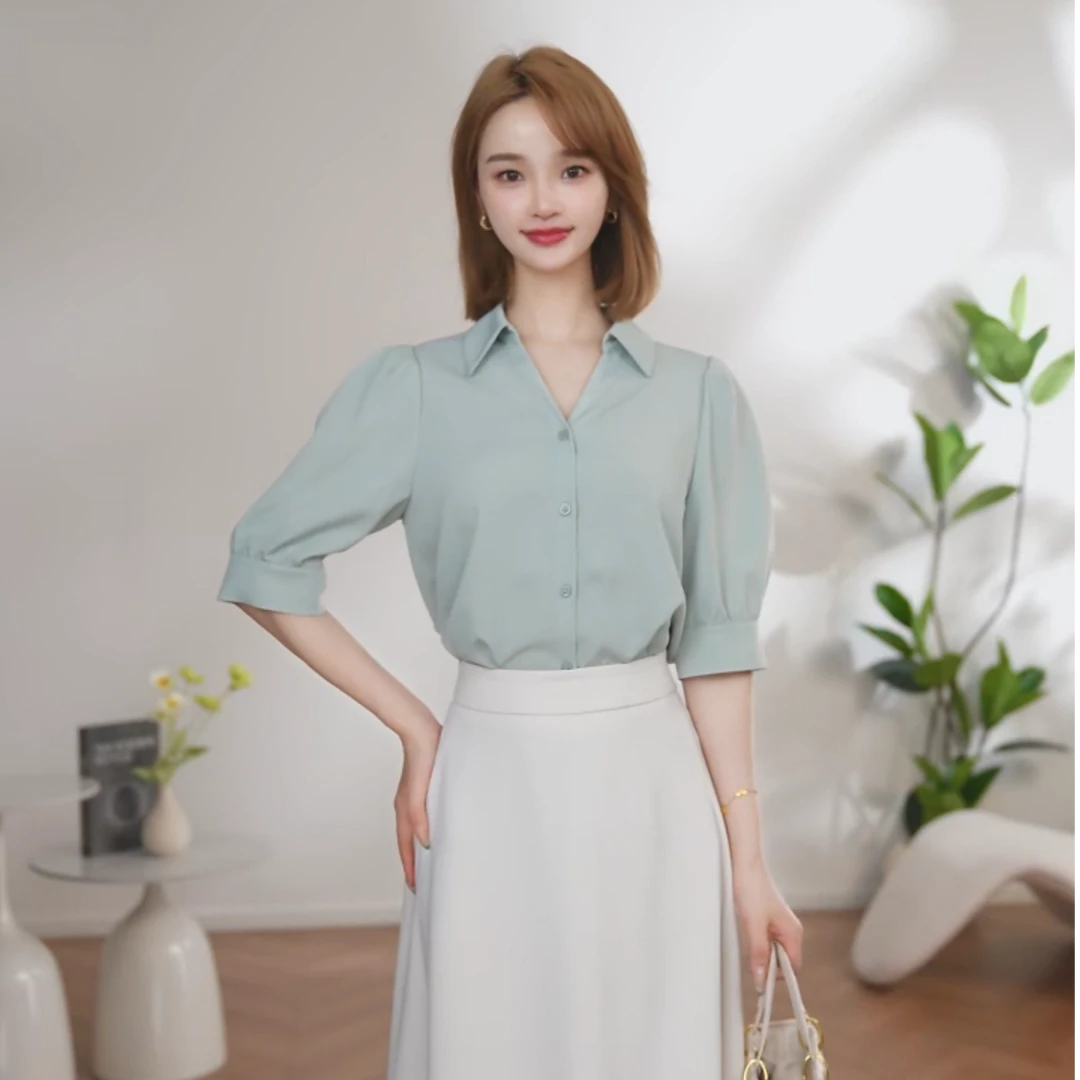 【佳莹甄选】曼贝气质风短袖衬衫女时尚百搭设计职业衬衫女8392115