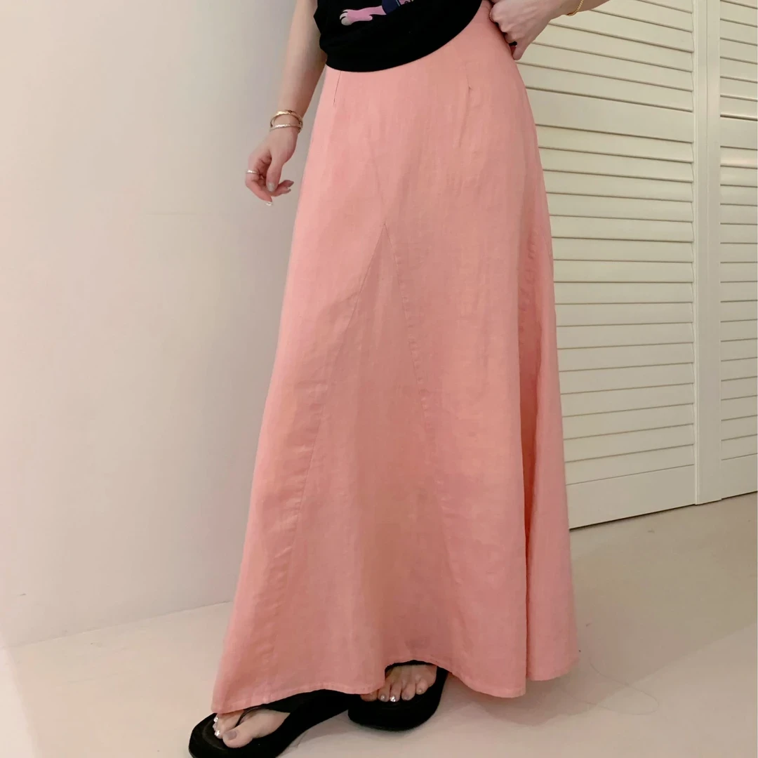 粉樱裙 夏季新品麻感夏气质百搭显瘦藏肉垂坠感INS风长裙女1491