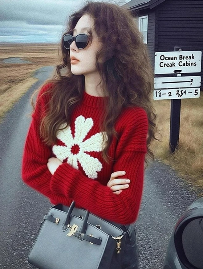 2025冬独特别致高级感超好看韩系松弛感软糯慵懒风红色花朵毛衣女