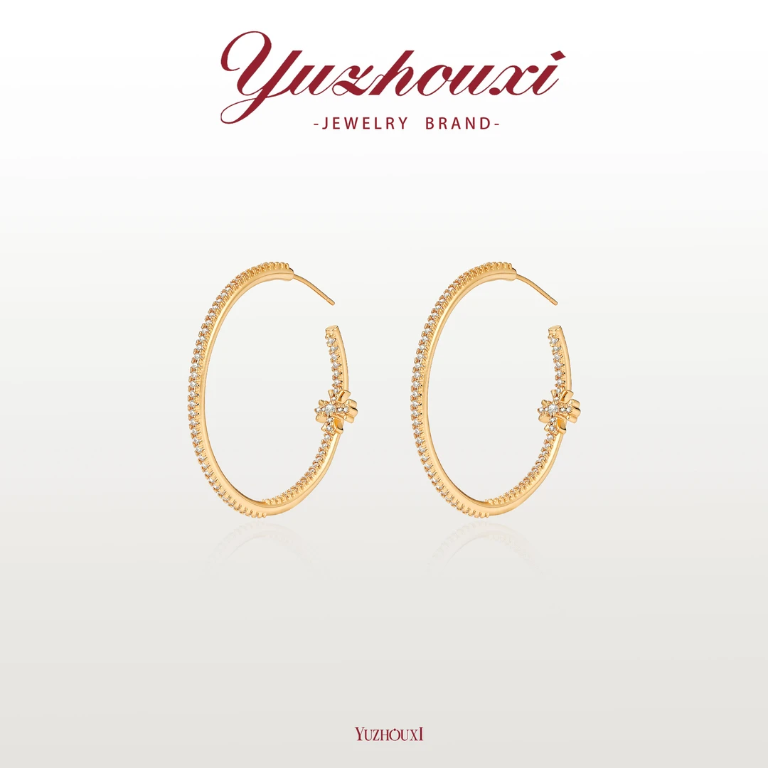 铜合金锆石耳饰 D2-140【金色米子花白锆细圈耳钉】3.5cm