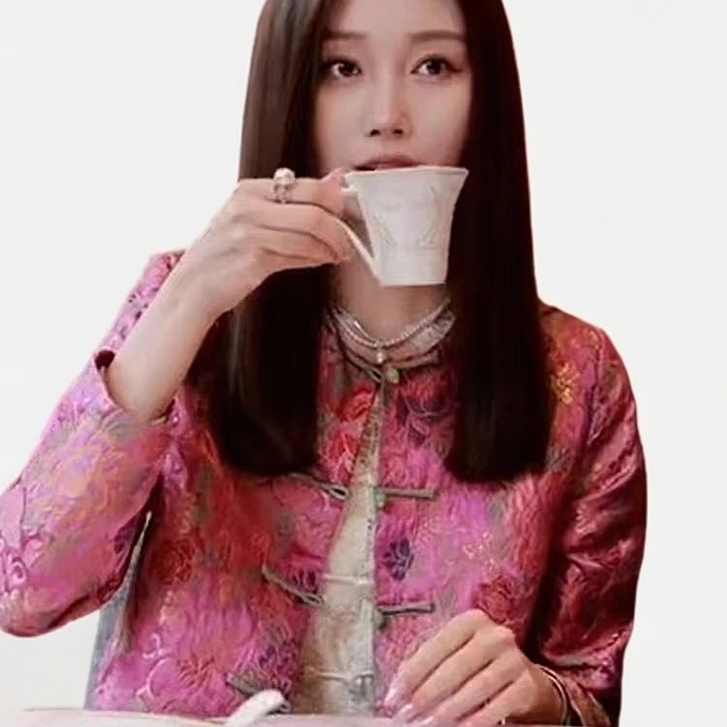 新中式国风粉色提花盘扣外套女春季新款小香风超好看唐装春游上衣