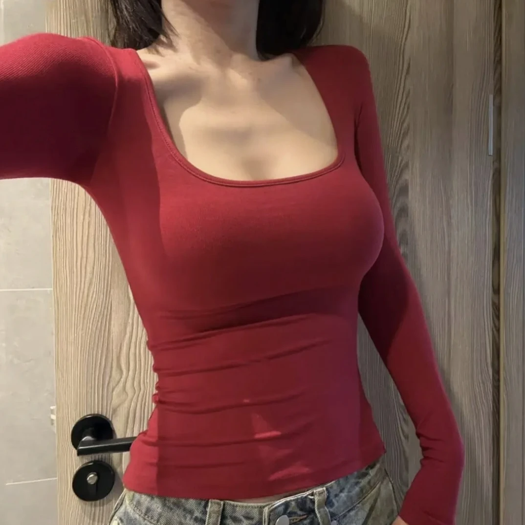 性感纯欲风方领纯色百搭设计感长袖T恤秋冬修身显瘦内搭打底上衣