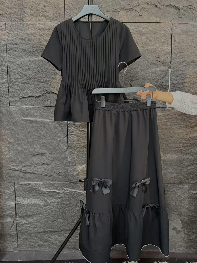 【原创大码设计师款】2025夏季新款褶皱气质上衣+半身裙K3449