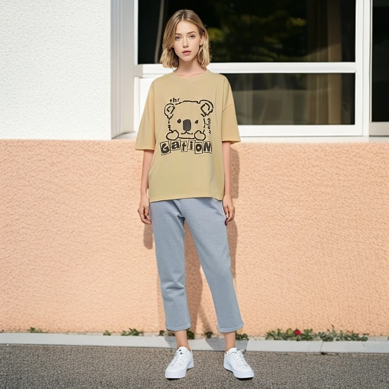 印花短袖T恤落肩袖舒适套装男女夏季卡通动漫薄款圆领宽松