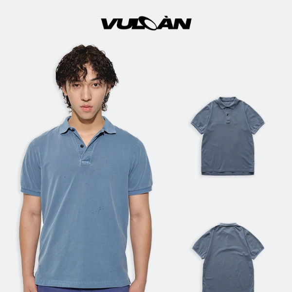 VULCAN复古法工做旧短袖POLO宽松短宽翻领蓝色春夏上衣