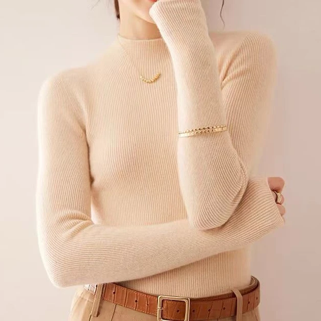 简约气质随形美~女士十二针抽条半高领羊绒针织衫