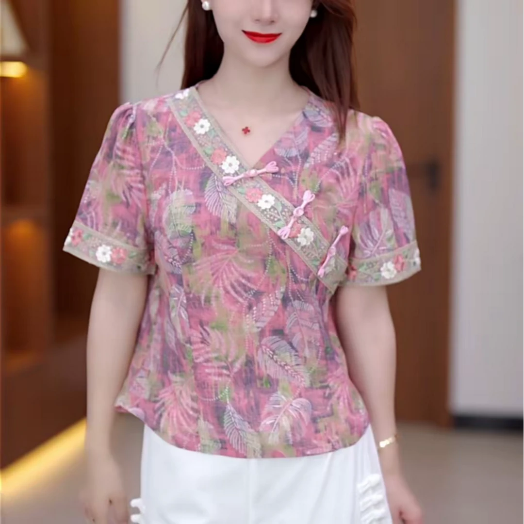 2025夏季新中式小衫优雅斜襟盘扣洋气显瘦减龄短袖碎花旗袍上衣
