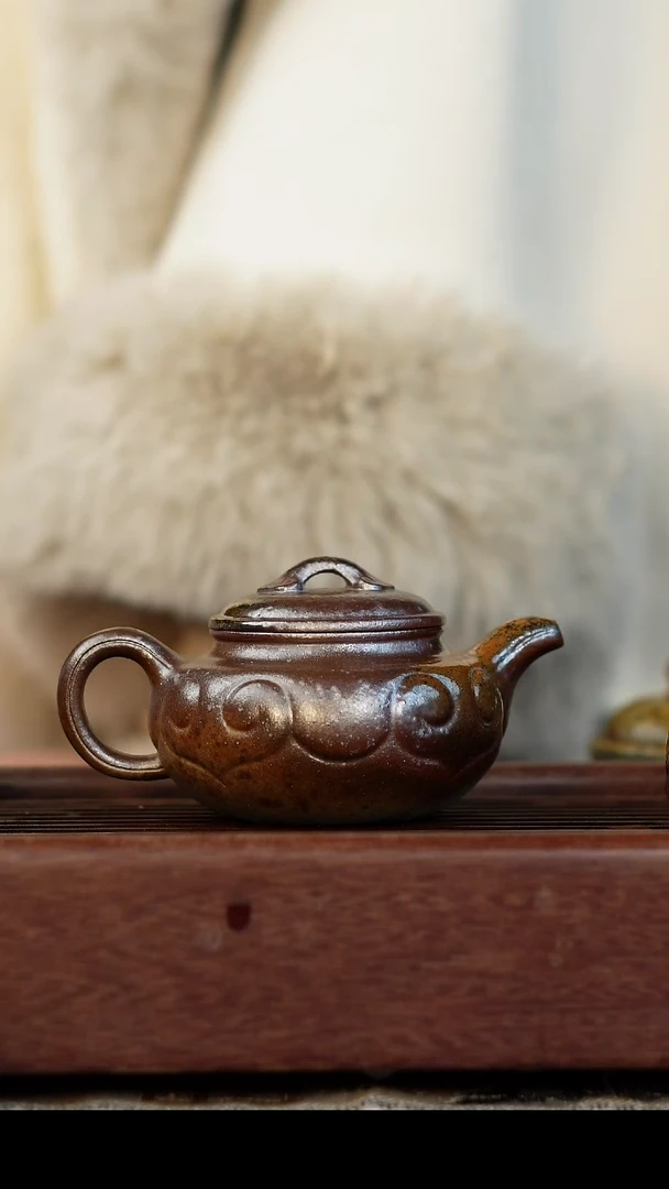 茶壶紫砂叶*蝉柴烧紫砂天青仿古如意