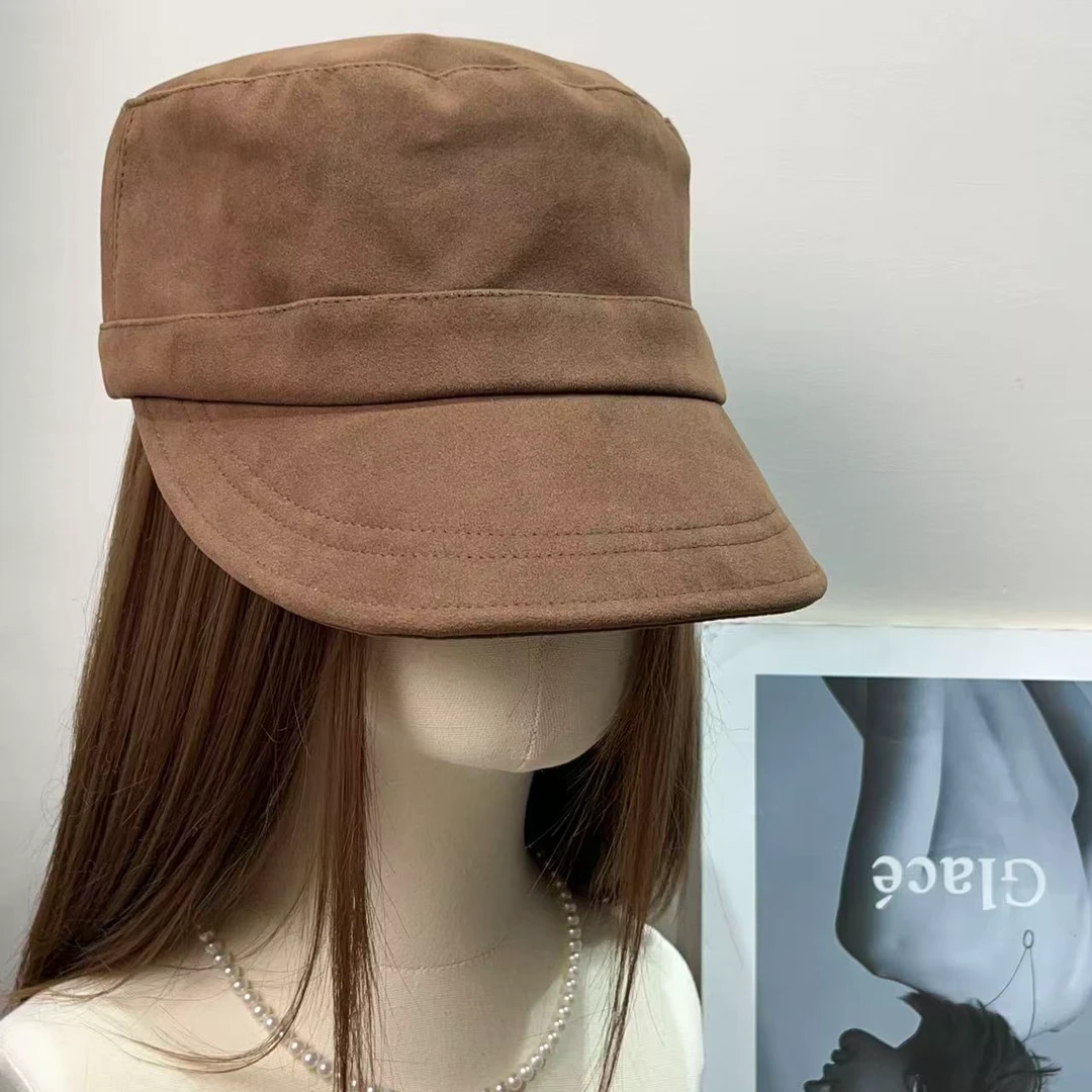 日系复古麂皮平顶马术帽子女25秋冬新款百搭宽檐显脸小棕色贝雷帽