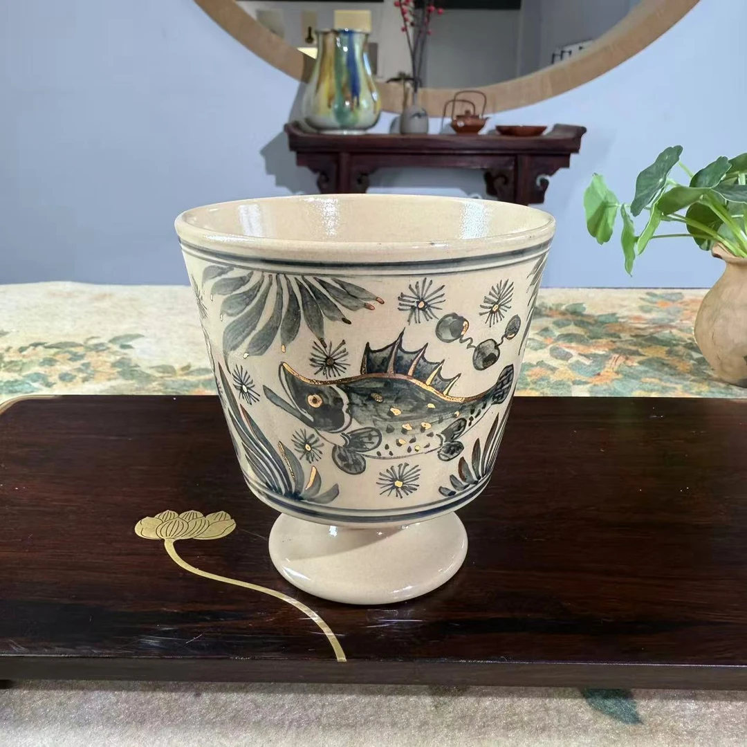 JSZT东离全手工建水青花描金高足杯