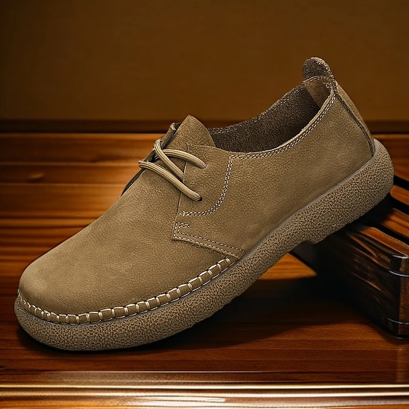 手工男鞋头层牛皮2025春季休闲鞋透气软底皮鞋休闲系带百搭