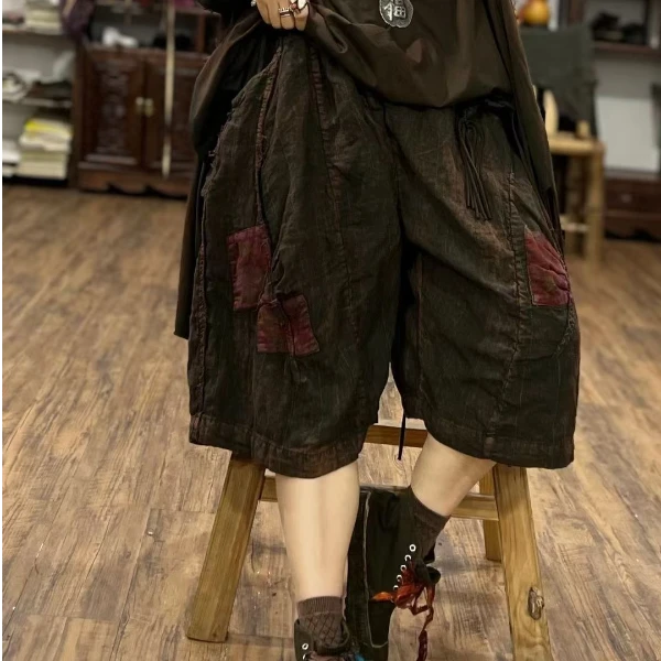 2025春素喜高订炒色做旧植物染个性复古文艺休闲裤双层亚麻靴裤