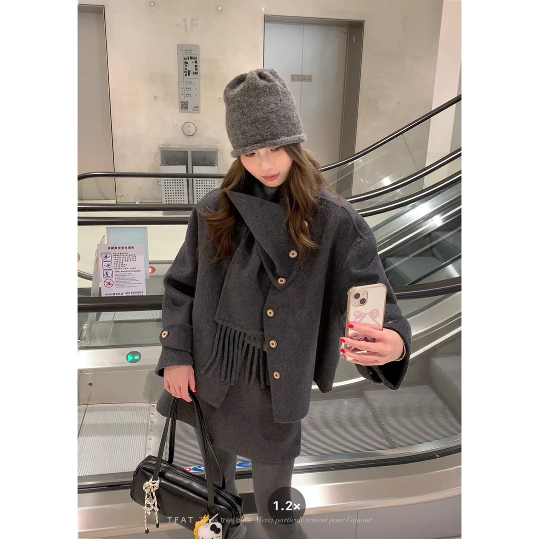 （雅雅）双面羊驼羊毛大衣女2025新款气质短款围巾款毛呢外套2866