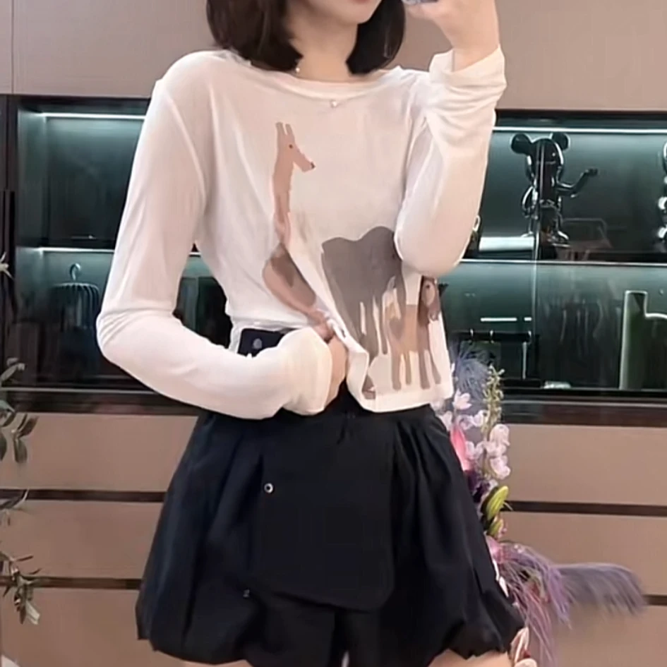 小鹿印花防晒上衣2025新款春夏设计师短款玩偶打底衫薄款长袖t恤