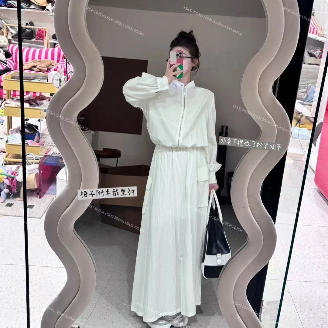 现货【FAFA】大码女装纯色春款宽松夹克领抽绳外套+松紧腰半身长裙