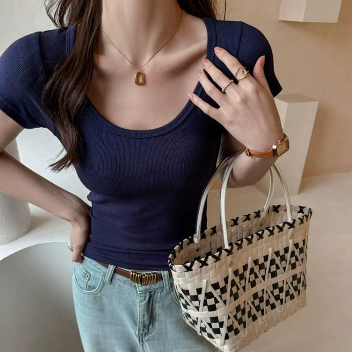 韩系辣妹风U领短袖夏季修身型正肩马卡龙色透气纯色短款T恤显瘦