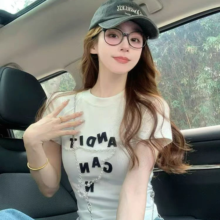 2025新款春夏装短袖手工钉珠T恤上衣气质高级感韩系修身辣妹百搭