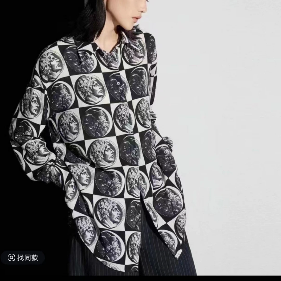 6400新款夏季新款印花衬衫复古港味气质衬衣上衣短袖百搭