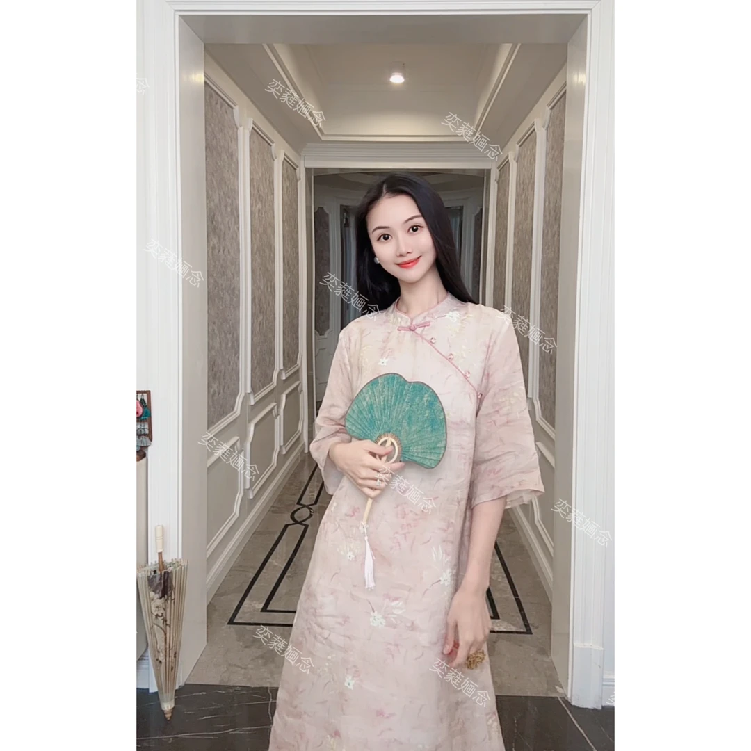 「奕念」《闭月》100支纯苎麻连衣裙~春夏国风中袖款