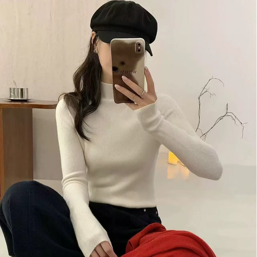 【洋洋精选】2024冬季新款简约气质百搭时尚纯色半高领棉羊毛打底衫