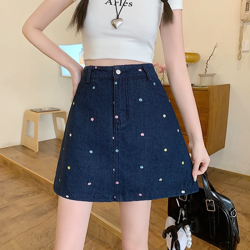 2025夏装新款胖mm大码女韩版小花高腰牛仔A字裙遮肉短裙30677
