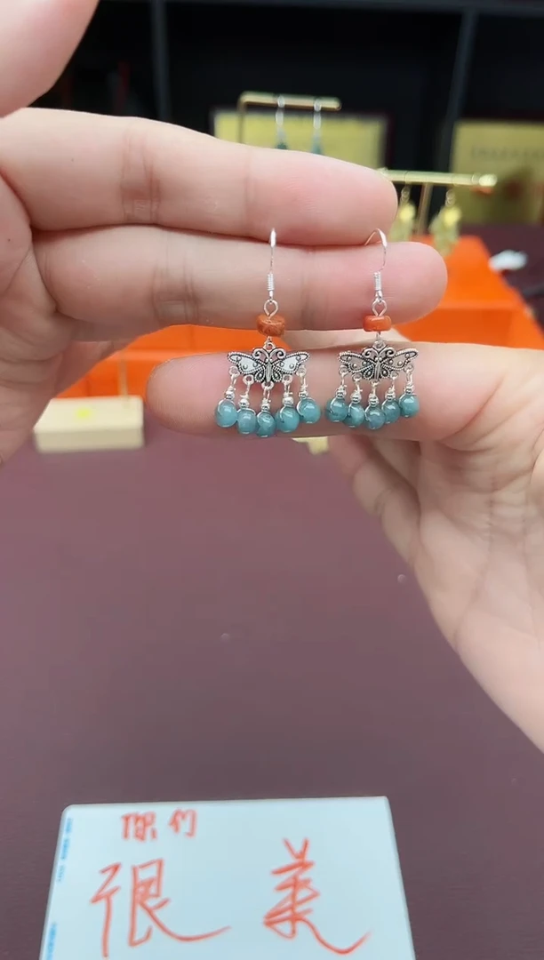 翡翠银S925镶嵌耳饰c02蝴蝶