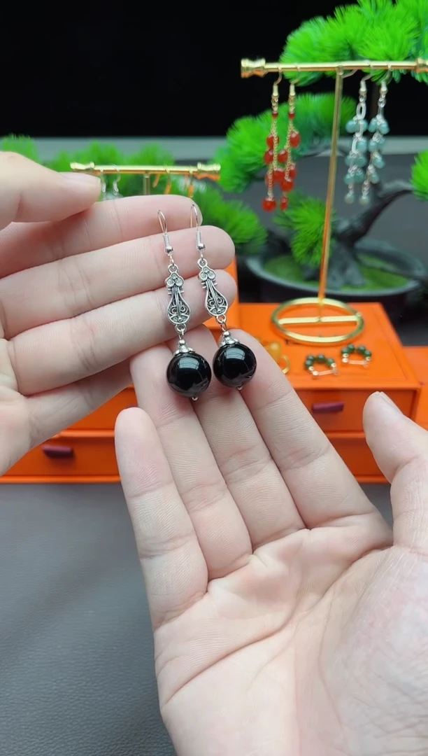 黑曜岩银S925镶嵌耳饰314