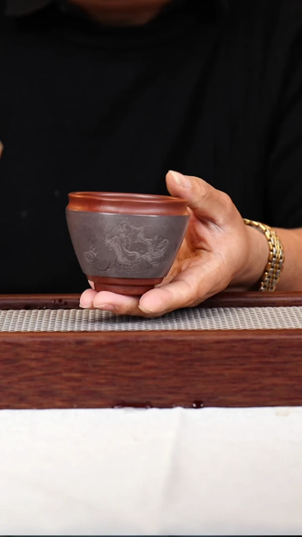 茶杯紫砂宜兴紫砂杯 粉浆刻绘120CC  1015