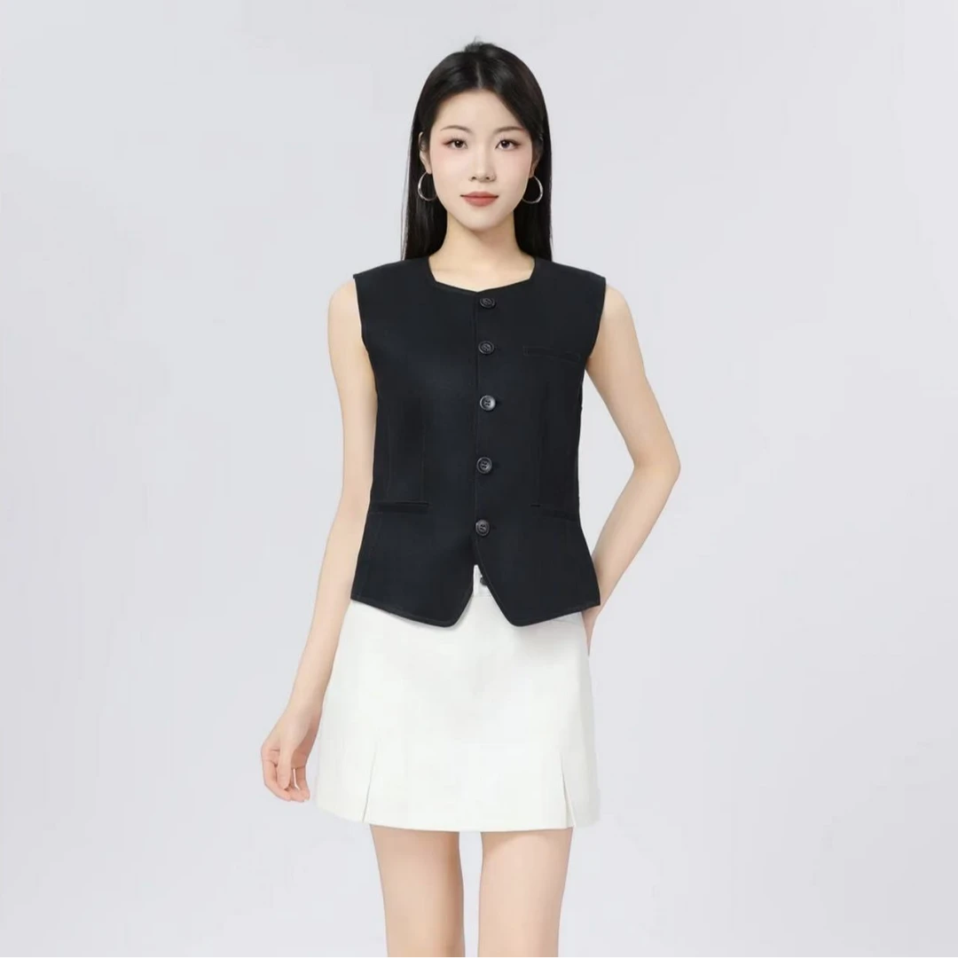 哥弟春夏奢华风方领气质无袖显瘦马甲140012