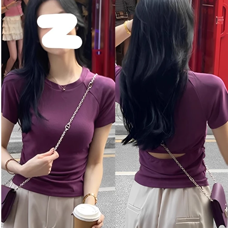 掐腰小衫设计感修身短款葡萄紫正肩短袖t恤女夏季别致半袖上衣潮