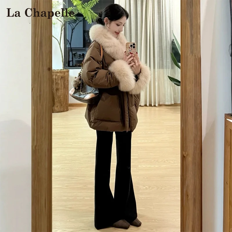 拉夏贝尔不贴腿加绒微喇牛仔裤女秋冬新款高腰显瘦加长马蹄喇叭裤