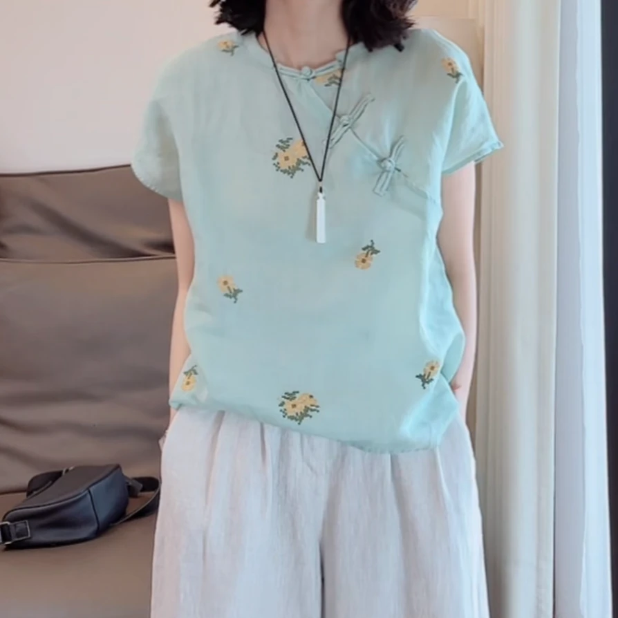 新中式盘扣斜襟十字绣刺花衬衫2025夏季新款时尚气质高级感百搭