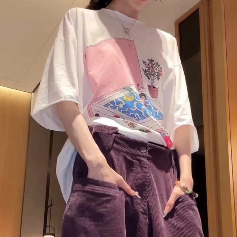 2024新款淡粉插画印花卷边宽松圆领短袖休闲洋气慵懒T恤LK2501077