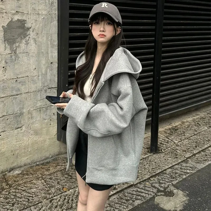 浅灰色420g重磅开衫卫衣男女2025春秋款美式卫衣上衣慵懒连帽外套