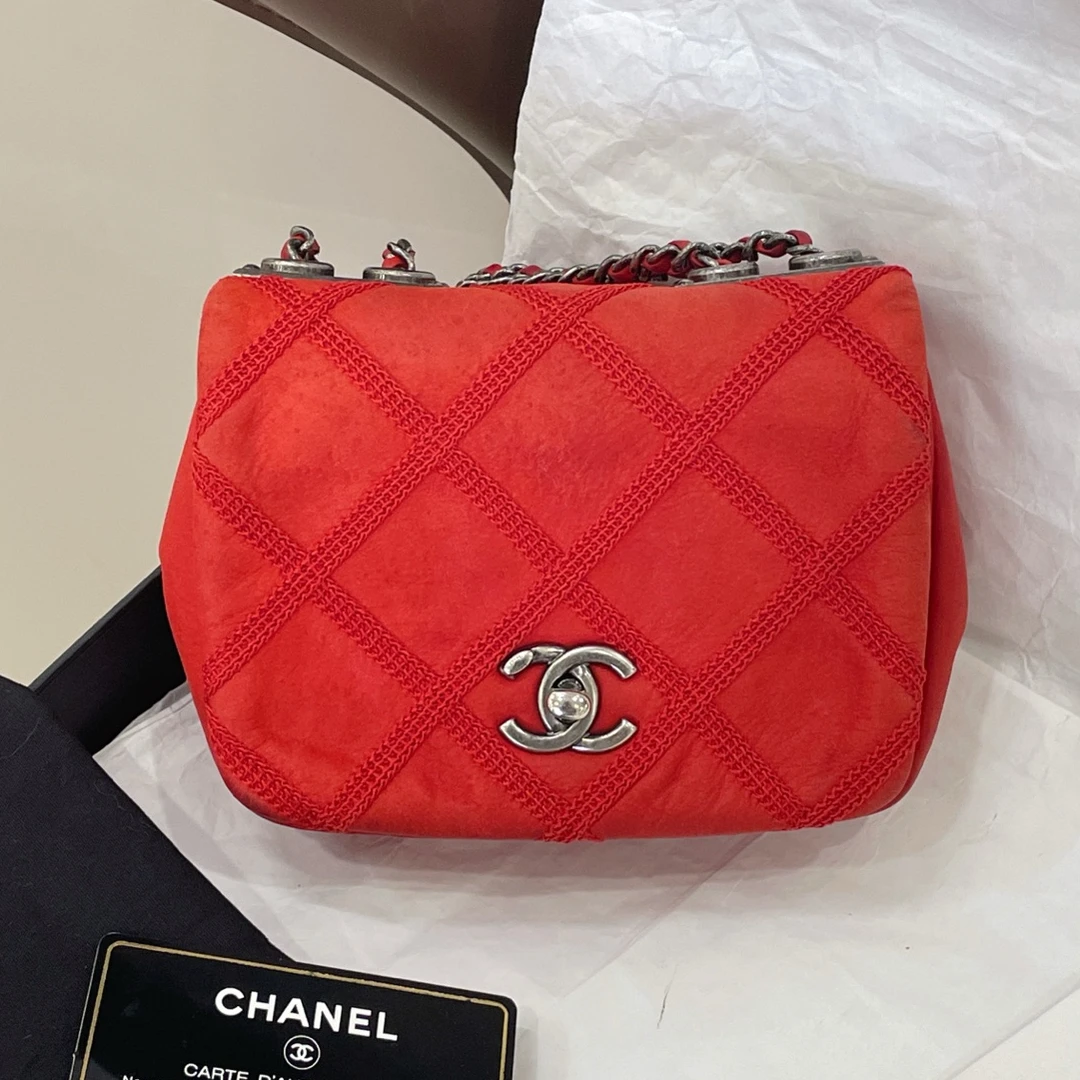 95新 Chanel/香奈儿 红色银扣方胖子 菱格纹单肩斜挎包/7YH37576