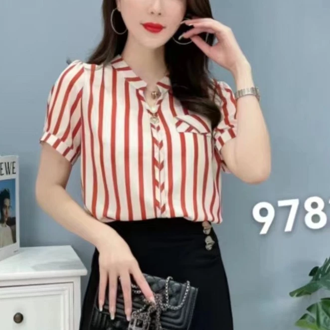 2025夏季新款女装时尚百搭条纹衬衣显瘦洋气衬衫9782衣长58