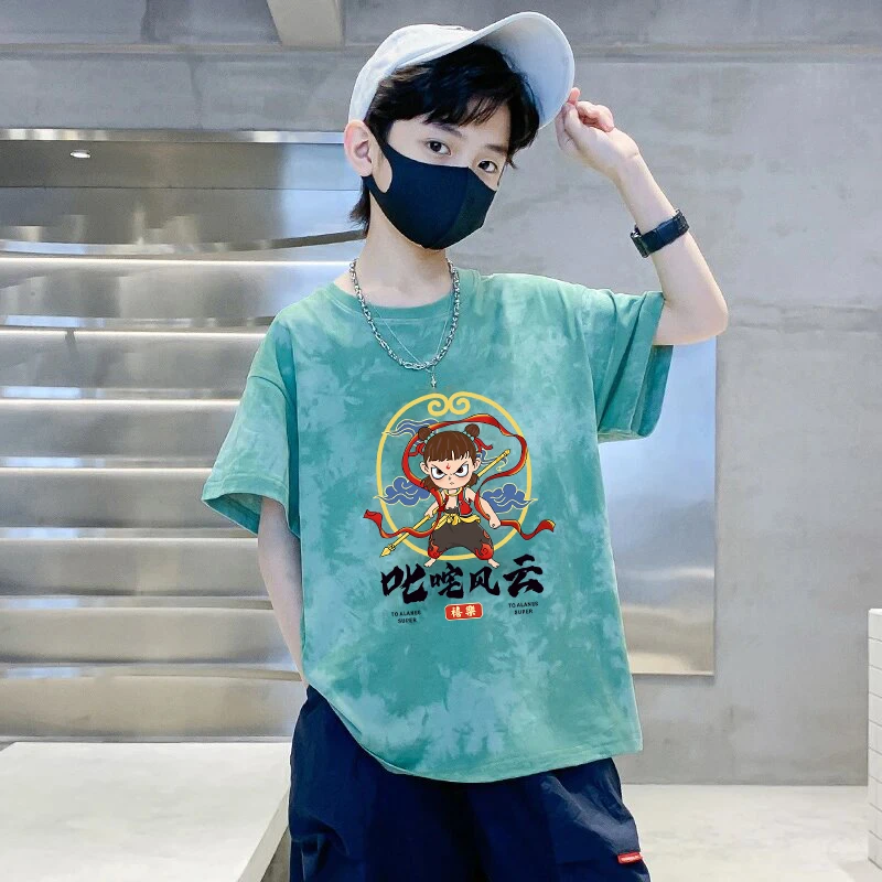 儿童哪吒扎染短袖T恤2025夏装新款童装纯棉印花潮流男女童上衣潮