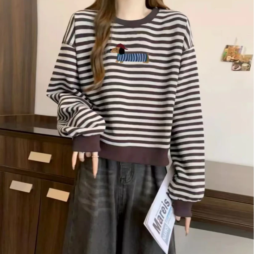 条纹圆领薄卫衣秋冬撞色日系复古宽松小众加绒加厚长袖无帽上衣