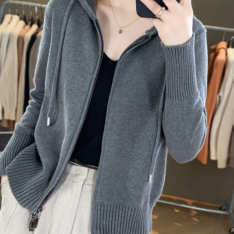 Mandsibil曼德西比利100纯棉针织连帽开衫外套双拉链毛衣外搭上衣