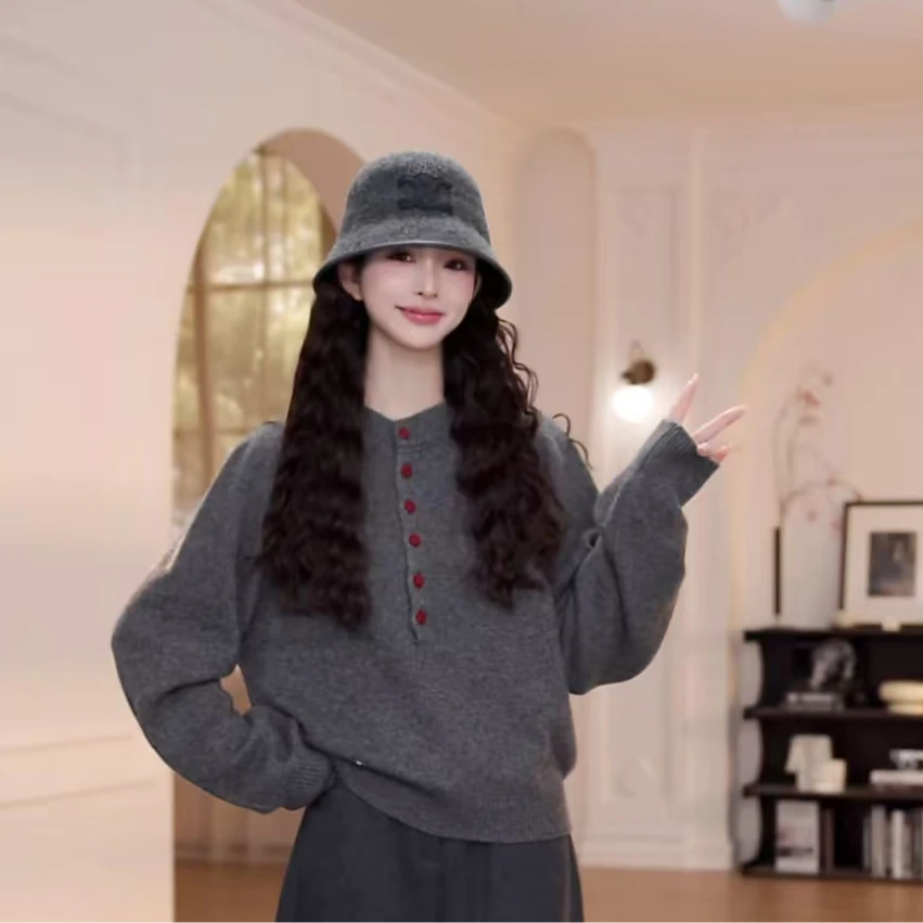 【YANYAN】圆领红色包扣毛衣女秋冬季新款慵懒风长袖针织衫YY-9209