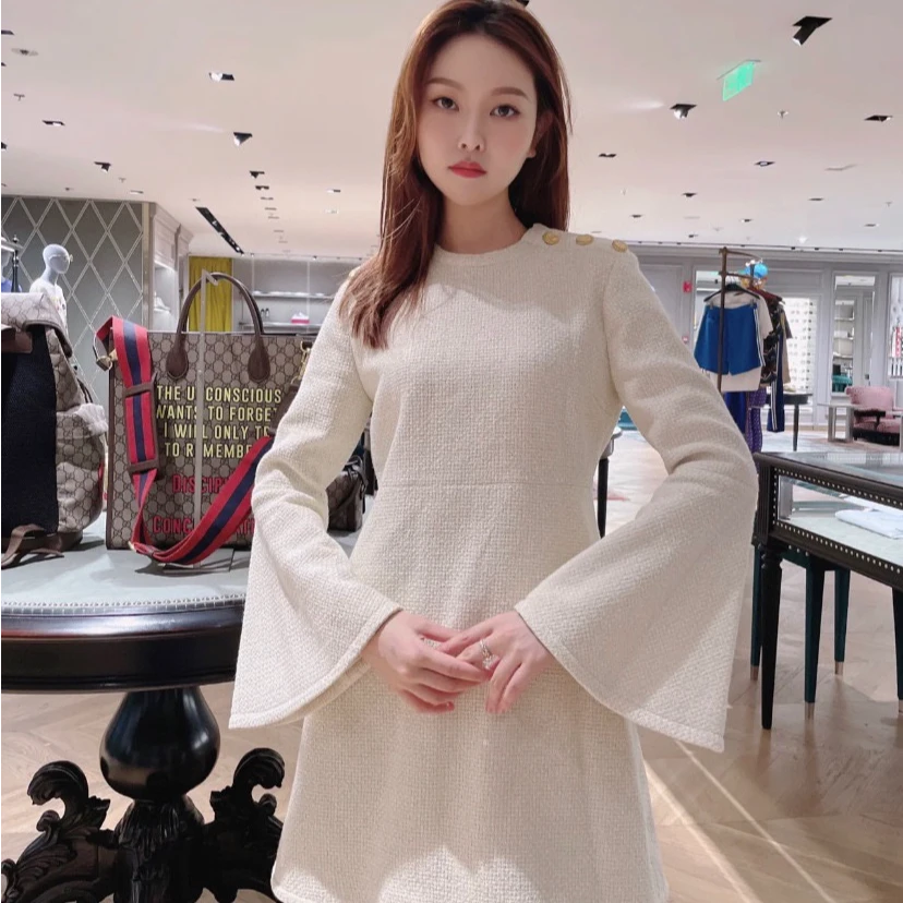 99新 GUCCI/古驰 纯色GG金属纽扣长袖连衣裙/尺码38/000480