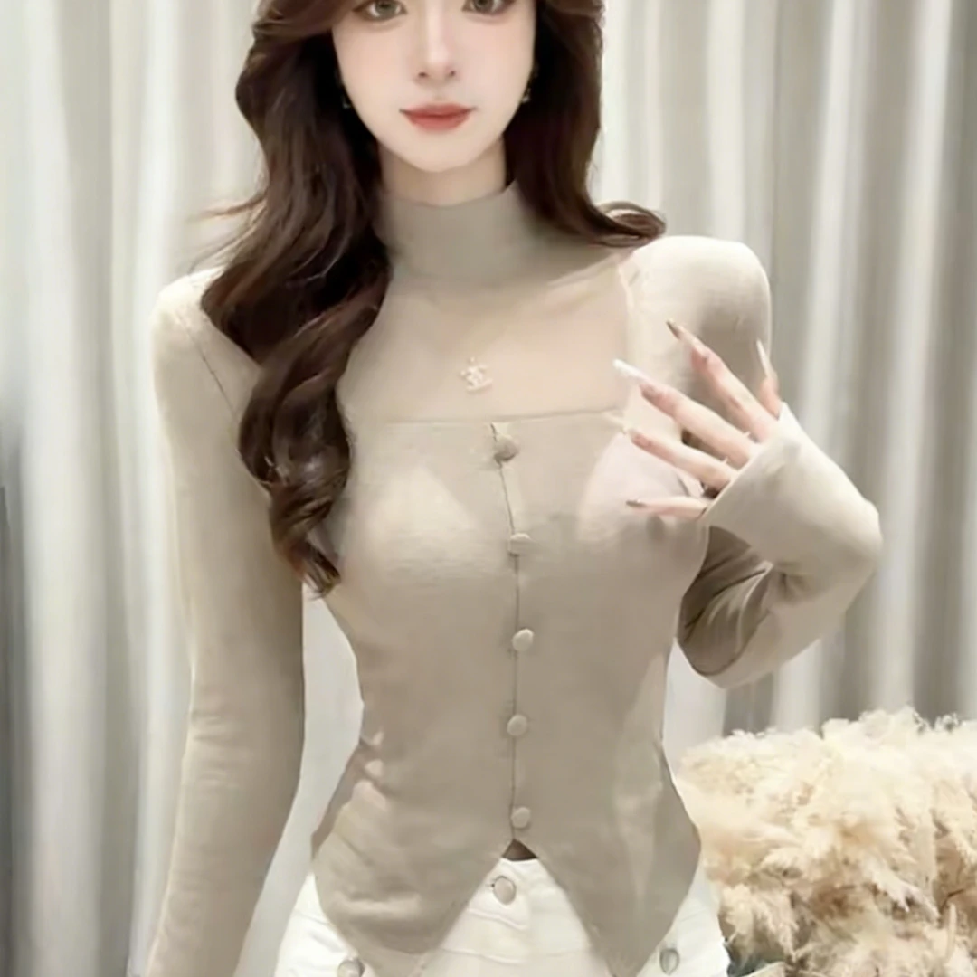 法式蕾丝拼接半高领针织衫女2025秋冬新款修身显瘦纽扣打底衫上衣