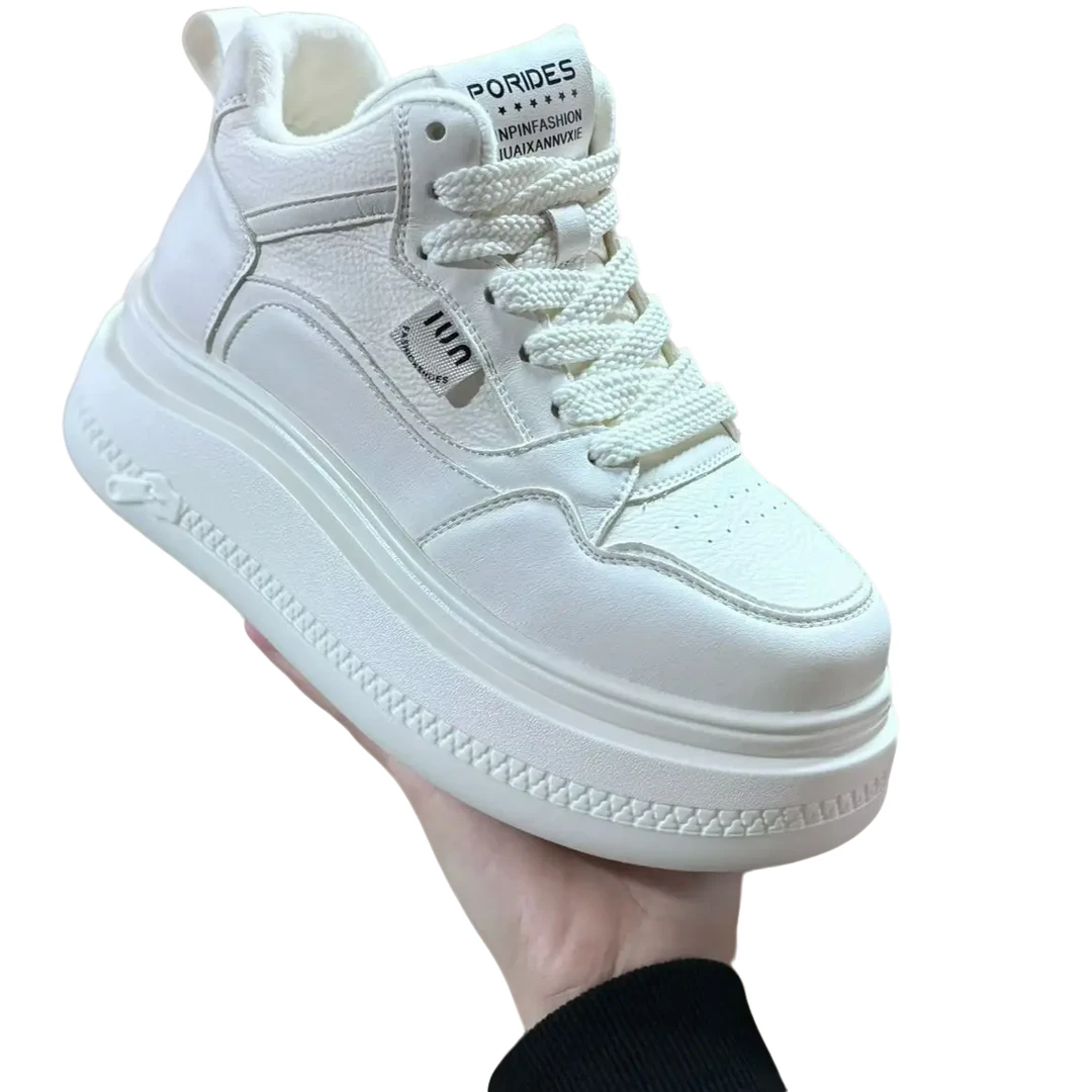 2025年小白鞋女加绒保暖厚底增高百搭时尚休闲棉鞋冬季新款真皮