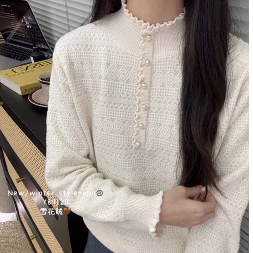 美红家    提花米白色针织衫