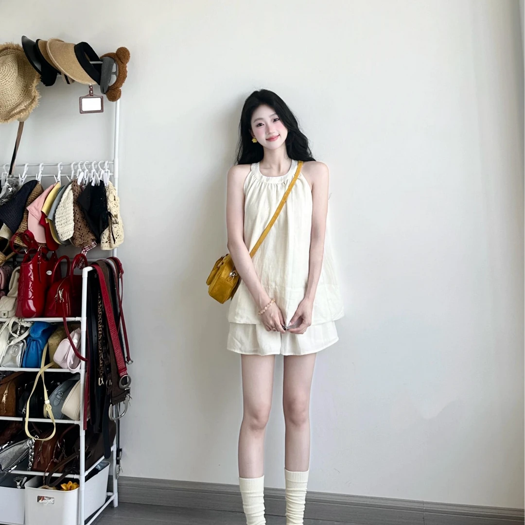 度假风休闲套装女2025夏季小个子韩系两件套无袖上衣短裤两件套