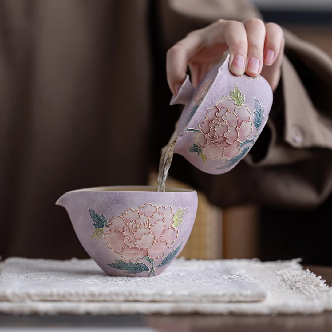 亘古粉引牡丹公道杯分茶器匀茶茶海170ml紫色泡茶堆绘精致手绘